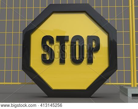 3d render STOP! You are Not Allowed Here, YellowÂ Octagonal Stop Roadsign with Big Hand Symbol for Prohibited Activities, Traffic Stop Blocking Sign, Prohibition Icon, No Entry Signal, Yellow Warning