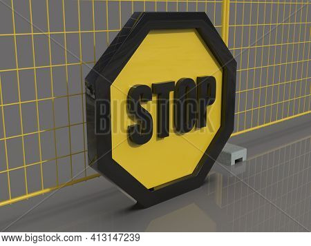 3d render STOP! You are Not Allowed Here, YellowÂ Octagonal Stop Roadsign with Big Hand Symbol for Prohibited Activities, Traffic Stop Blocking Sign, Prohibition Icon, No Entry Signal, Yellow Warning