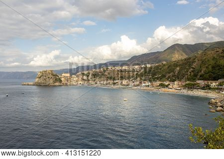 Aerial View Of Scilla, Calabria Village During A Cloudy Day.