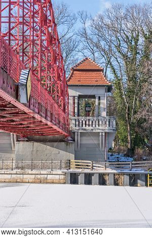 Berlin, Germany - February 12, 2021: Heritage-protected Steel Truss Haven Bridge ( Sechserbruecke) O