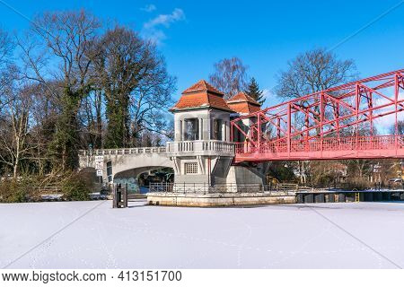 Berlin, Germany - February 12, 2021: Heritage-protected Steel Truss Haven Bridge ( Sechserbruecke) O