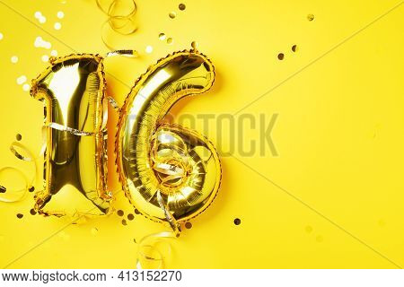 Gold Foil Balloon Number, Digit Sixteen. Birthday Greeting Card, Inscription 16. Anniversary Celebra