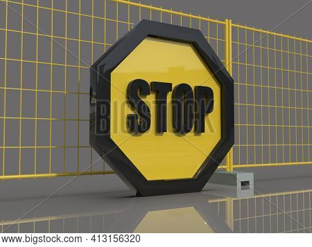 3d render STOP! You are Not Allowed Here, YellowÂ Octagonal Stop Roadsign with Big Hand Symbol for Prohibited Activities, Traffic Stop Blocking Sign, Prohibition Icon, No Entry Signal, Yellow Warning