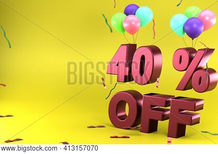 3d Rendering Of Forty Percent Off, Different Ballon Color And Yellow Theme. Perfect For Background, 