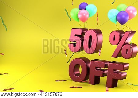 3d Rendering Of Fifty Percent Off, Different Ballon Color And Yellow Theme. Perfect For Background, 