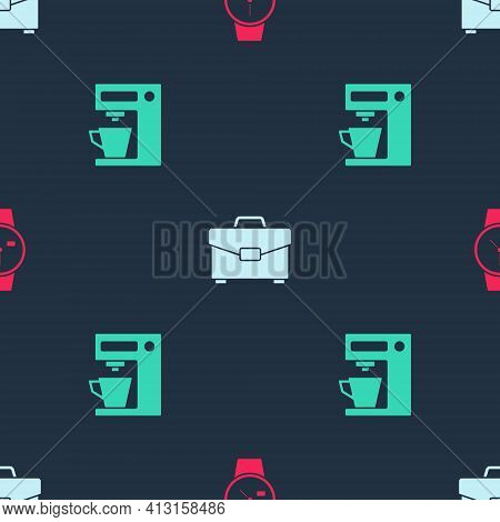 Set Wrist Watch, Briefcase And Coffee Machine On Seamless Pattern. Vector