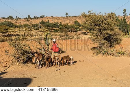 Axum, Ethiopia - Feb 11, 2020: Ethiopian People Seen On The Road From Axum To Gheralta, Tigray In No