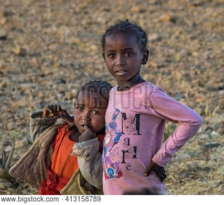 Axum, Ethiopia - Feb 11, 2020: Ethiopian Children Seen On The Road From Axum To Gheralta, Tigray In 