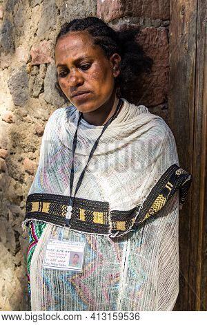 Lalibela, Ethiopia - Feb 14, 2020: Ethiopian People At The Famous Monastery Neakuto Leab Near Lalibe