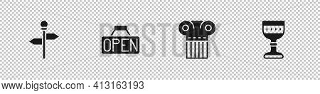 Set Road Traffic Signpost, Hanging With Open, Ancient Column And Medieval Goblet Icon. Vector
