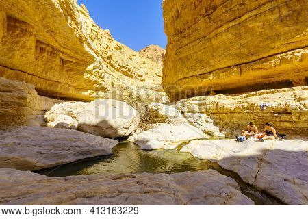 Ein Gedi, Israel - March 13, 2021: View Of The Upper Pools Along The Arugot Stream, With Visitors, I