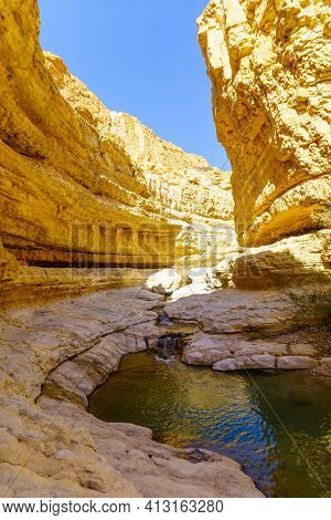 Ein Gedi, Israel - March 13, 2021: View Of The Upper Pools Along The Arugot Stream, With Visitors, I