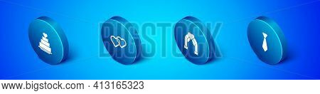 Set Isometric Wedding Cake With Heart, Arch, Tie And Two Linked Hearts Icon. Vector