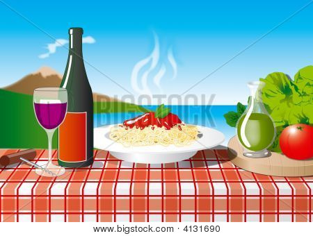 Spaghetti en Nápoles con el Vesuvio