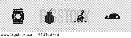 Set Gun Powder Barrel, Bomb Ready To Explode, Bottle With Message In Water And Pirate Bandana For He
