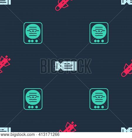 Set Rocket, Airline Ticket And Attitude Indicator On Seamless Pattern. Vector