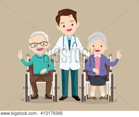 Elderly Sit On A Wheelchair With Doctor Take Care.disabled Person In The Wheelchair And Doctors. Car