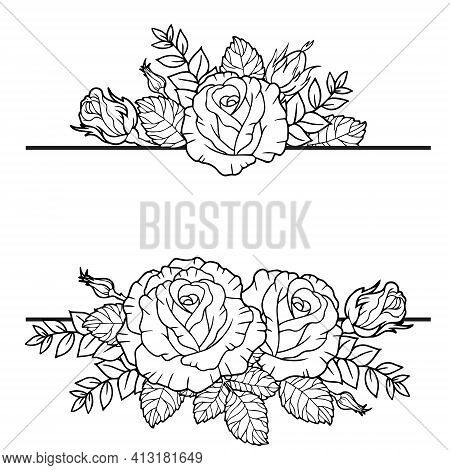Vector Borders Of Rose Flowers, Branches And Leaves. Vector Isolated On White Background. Coloring B