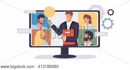 Vector Cartoon Flat Man Character Talk Online With Colleagues Friends.young People Chat, Discuss Bus
