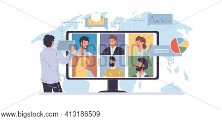 Vector Cartoon Flat Man Character Talk Online With Colleagues Friends.young People Chat, Discuss Bus