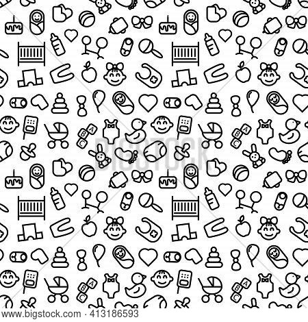 Set Of Outline Icons For Baby Nursery. Seamless Pattern Vector Stock Illustration For Card Or Poster