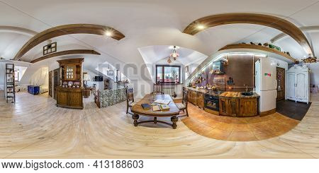 Minsk, Belarus -  April 2020: Full Seamless Hdri Panorama 360 Angle In Kitchen In Studio Apartments 