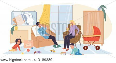 Vector Cartoon Flat Family Characters Life Scene Situation.children Misbehave, Playing, Tired Mom An