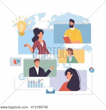 Vector Cartoon Flat Characters Talk Online With Colleagues Friends.young People Chat, Discuss Busine