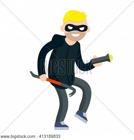 Thief With Crowbar. Criminal Problem. Man Robber In Black With Mask. Male Offender Sneaks. Cartoon F