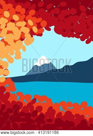 Autumn Landscape With Mountains And Lake In The Foliage Gap. Colorful Banner In Freehand Spot Style.