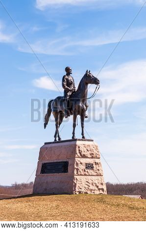 Gettysburg, Pennsylvania, Usa March 13, 2021 A Statue Of Union General Gordon Meade Upon His Horse A