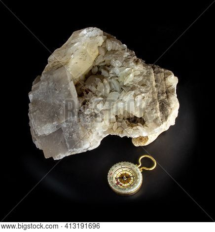 Shiny Luminous Transparent Quartzite Mineral Crystal From Alchak, Crimea And An Old Vintage Navigati