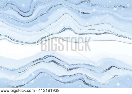 Abstract Luxury Liquid Marble Watercolor Glittered Blue Background. Agathe Marbled Wave Splash Effec