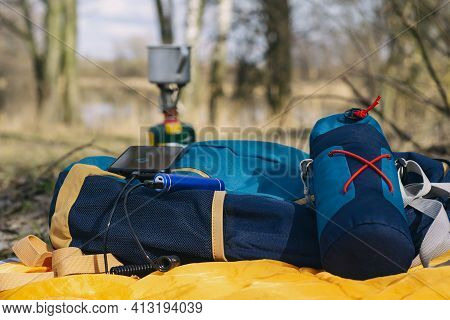 Charge Your Smartphone While Traveling With A Power Bank. A Portable Charger Charges The Phone Again