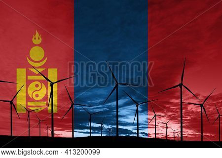 Mongolia Flag Wind Farm At Sunset, Sustainable Development, Renewable Energy Wind Turbines