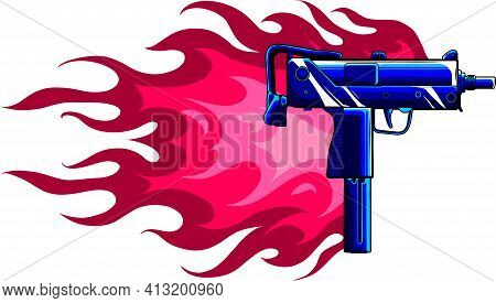 Vector Illustration Of A Uzi Gun With Flames
