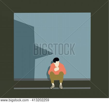 Man Sitting In The Shadow Of The Building On The Urban Street In The City Are Saddened And Frustrate