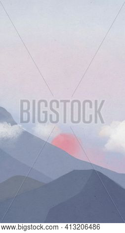 Landscape phone lockscreen wallpaper with mountains and sunset illustration