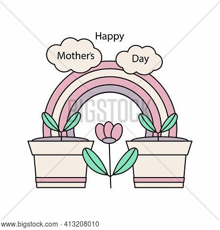 Greeting Cards For Mother's Day, Conceptual Vector Illustration. Flower Seedlings, Rainbows, Clouds.