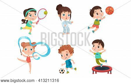 Cute Kids Playing Basketball, Jumping On Trampoline, Playing Football And Doing Karate Vector Set