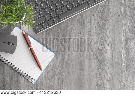 Office Desk Table With Supplies. Flat Lay. Copy Space