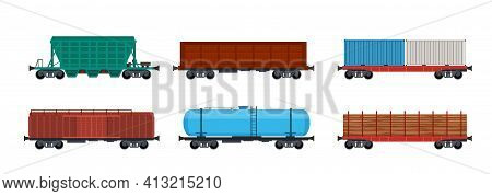Train Freight Wagons, Rail Cargo And Railroad Containers. Freight Train With Wagons, Tanks, Freight,