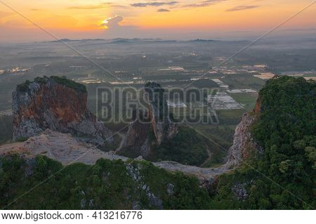 Khao Kuha At Songkhla. Mountain Hill With Green Forest Trees. Nature Landscape Background In Thailan