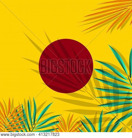 Vector Illustration Of Green And Orange Leaves On Yellow Background For Invitation Cards, Summer Gre