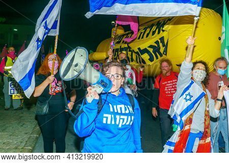 Haifa, Israel - March 17, 2021: Protest Rally Against Prime Minister Benjamin (bibi) Netanyahu, With