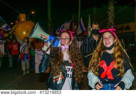Haifa, Israel - March 17, 2021: Protest Rally Against Prime Minister Benjamin (bibi) Netanyahu, With