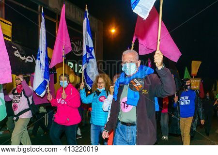 Haifa, Israel - March 17, 2021: Protest Rally Against Prime Minister Benjamin (bibi) Netanyahu, With