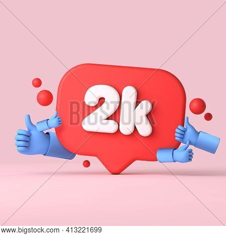 2 Thousand Followers Social Media Banner Thumbs Up. 3d Rendering