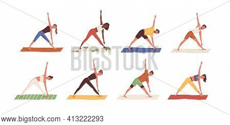 Set Of Happy People Exercising Yoga On Mats. Men And Women Standing In Triangle Pose Or Trikonasana 