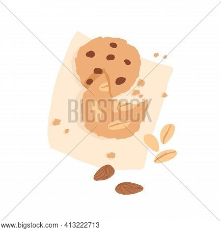 American Chocolate Chip Cookie And Bitten Biscuit With Nuts On Napkin. Top View Of Fresh Crunchy Oat